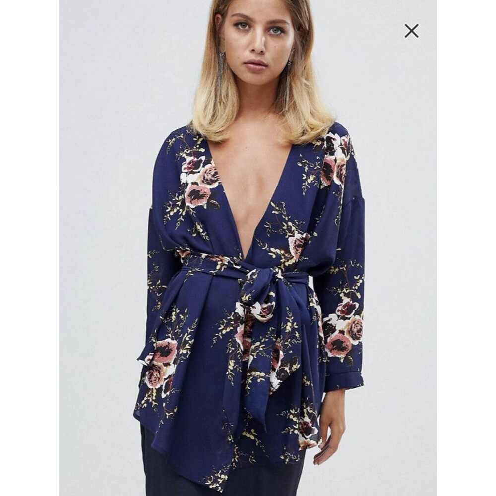 Pretty Little Thing Tie Waist Floral Rose Blue Kimono Blue 6 / UK 10
